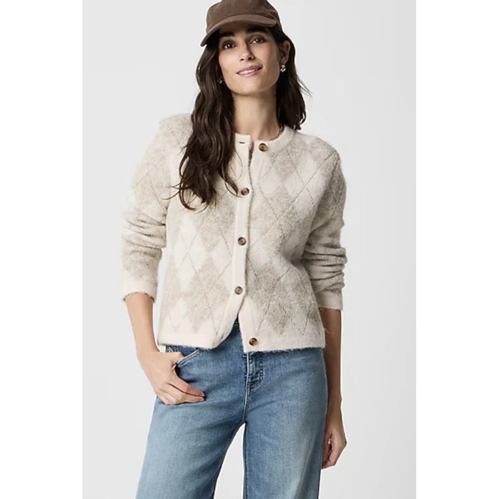 J.Crew Factory Argyle Cardigan Sweater Womens S Pale Toasted Cream Metallic B42